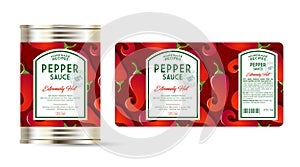 Pepper Sauce Extreme Hot label and packaging. Can with label.