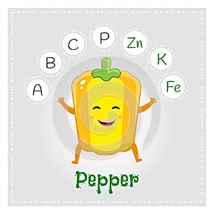 Pepper vegetable vitamins and minerals. Funny vegetable character. Healthy food illustration