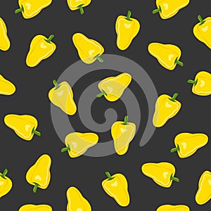 Pepper vegetables seamless pattern on black background, yellow sweet peppers ingredients food