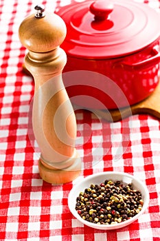 Pepper and wooden pepper mill