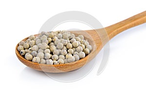 Peppercorn in the wooden spoon on white background