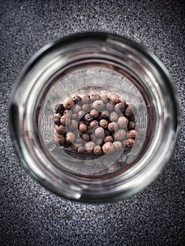 Peppercorns in the jar on the grey background photo