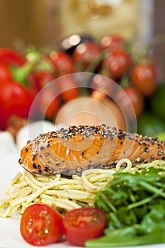 Peppered Salmon, Pasta, Tomatoes, Green Salad photo