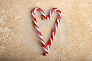 Peppermint Candy Canes in Heart Shapes. Christmas.