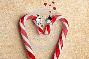 Peppermint Candy Canes in Heart Shapes. Christmas.