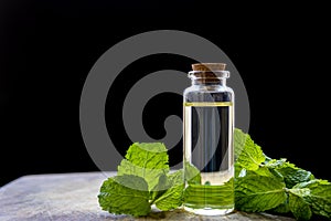 Peppermint essential oil bottle with fresh mint leaves