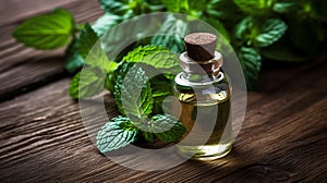 Peppermint essential oil in a bottle. Generative AI,