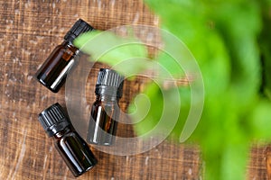 Peppermint essential oil.glass bottle and fresh peppermint on wooden board background.Aromatherapy and Organic natural