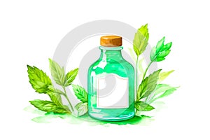 Peppermint essential oil in a glass bottle and a labeled tag. Mint oil with fresh mint leaves isolated on white, copy space