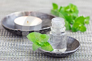 Peppermint essential oil in glass on gray mat with spa background