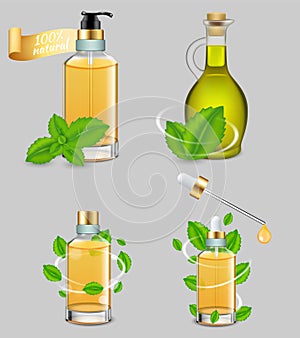 Peppermint essential oil set, vector realistic illustration