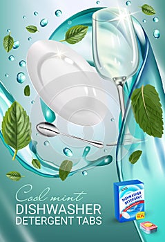 Peppermint fragrance dishwasher detergent tabs ads. Vector realistic Illustration with dishes in water splash and mint leafs. Vert