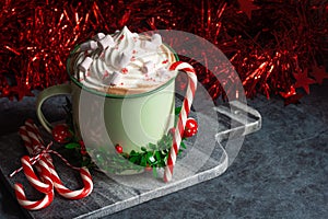 Peppermint Hot Chocolate Cocoa with Whipped Cream and Candy Canes