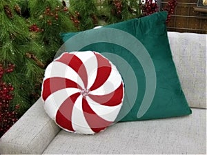 Peppermint Pattern and Green Pillow on Couch