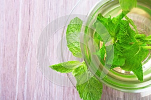Peppermint tea on the table top view