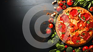 Pepperoni cheese pizza close-up on a dark stone background with copy space, top view