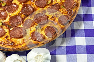 Pepperoni and cheese pizza and tarantella sauce photo