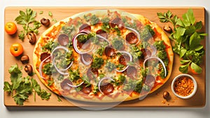 Pepperoni cheese pizza topped with red onion and served with fresh parsley on a wooden tray, close-up view from above