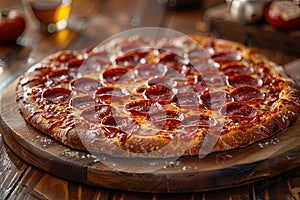 a pepperoni cheese pizza on a wooden table. Generative AI