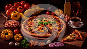 Pepperoni Full Pizza On a Foody Theme Backdrop AI Generative