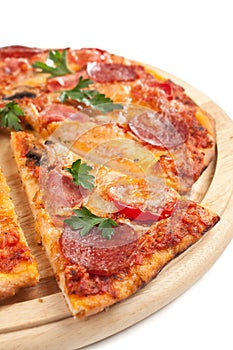 Pepperoni, ham and mushroom pizza