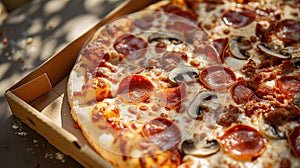 A pepperoni and mushroom pizza served on a cardboard box with a scattering of flour