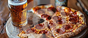 Pepperoni Pizza and Beer on Wooden Table
