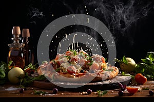 Pepperoni pizza slice with splash of mayonnaise on dark background, italian fast food concept