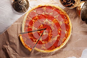 Pepperoni pizza in still life close-up
