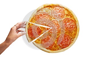 Pepperoni pizza in still life close-up top hand piece