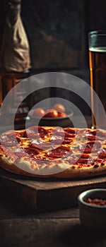 Pepperoni Pizza On Stone Rustic Pub Mobile Wallpeper Postcard. Generative AI