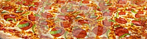 Pepperoni Pizza Texture Background, Salami Pizza with Green Paprika Pattern, XL Traditional Italian Flatbread