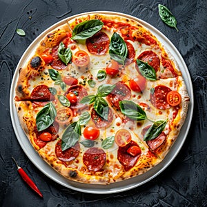 Pepperoni Pizza, Traditional Italian Diabolo Pizza Flatbread with Salami, Chili Pepper, Mozzarella