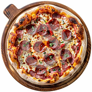 Pepperoni Pizza, Traditional Italian Diabolo Pizza Flatbread on Wood Plate with Salami, Chili Pepper
