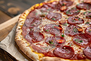 Pepperoni Pizza, Traditional Italian Diabolo Pizza Flatbread on Wood Plate with Salami, Chili Pepper