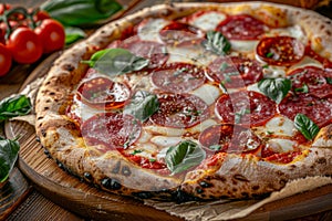 Pepperoni Pizza, Traditional Italian Diabolo Pizza Flatbread on Wood Plate with Salami, Chili Pepper