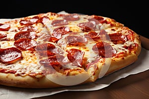 Pepperoni pizza, whole and fresh out of the oven, close up