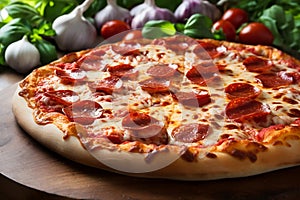 Pepperoni pizza, whole and fresh out of the oven, with ingredients