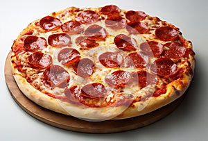 Pepperoni pizza, whole and fresh out of the oven, isolated