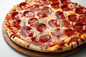 Pepperoni pizza, whole and fresh out of the oven, isolated