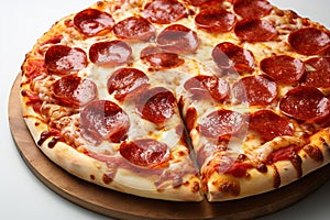 Pepperoni pizza, whole and fresh out of the oven, isolated