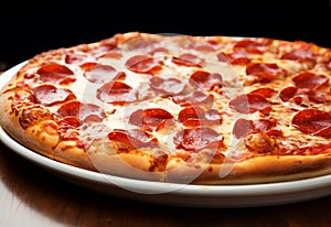 Pepperoni pizza, whole and fresh out of the oven, isolated background