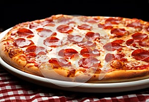 Pepperoni pizza, whole and fresh out of the oven, on table