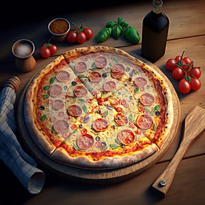 pepperoni pizza on a wooden board with ingredients - tomatoes, oregano