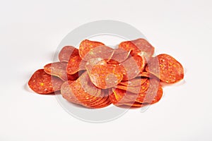 Pepperoni slices. Ingredients for pizza. Sausage.