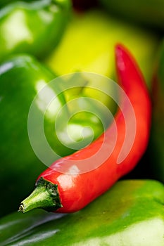 Color contrast red on green: chili between a stack of green paprika / bell peppers - frame filled, only front part of chili is