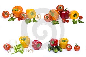 Peppers with cucumbers and tomatoes on a white background. Cabbage with cucumbers and mushrooms on a white background. Fresh veget