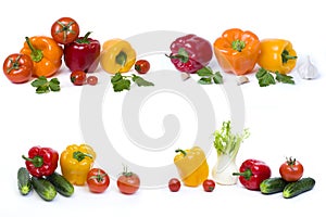 Peppers with cucumbers and tomatoes on a white background. Cabbage with cucumbers and mushrooms on a white background. Fresh veget