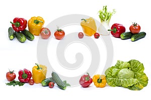 Peppers with cucumbers and tomatoes on a white background. Cabbage with cucumbers and mushrooms on a white background. Fresh veget