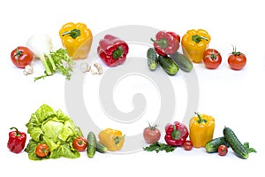 Peppers with cucumbers and tomatoes on a white background. Cabbage with cucumbers and mushrooms on a white background. Fresh veget